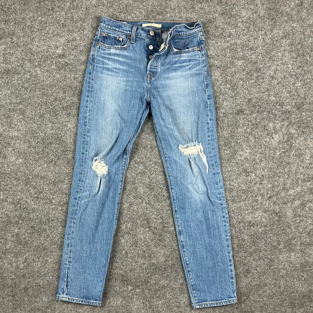 Levi's Wedgie Jeans Womens Size 26 Blue High Rise Distressed Button‎ Fly Denim